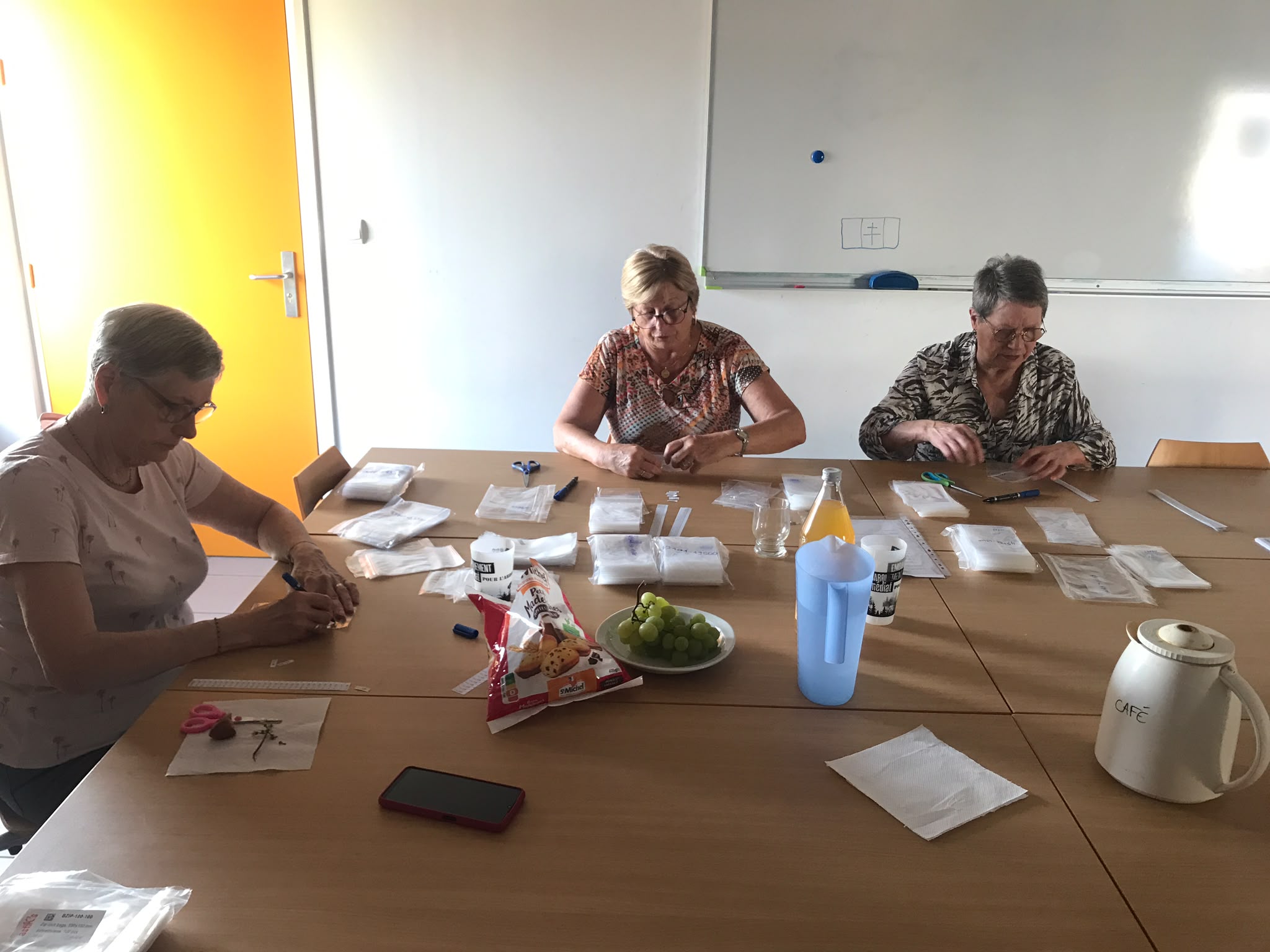 Claudine, Martine et Chantal numérotant les sachets de la tiquothèque